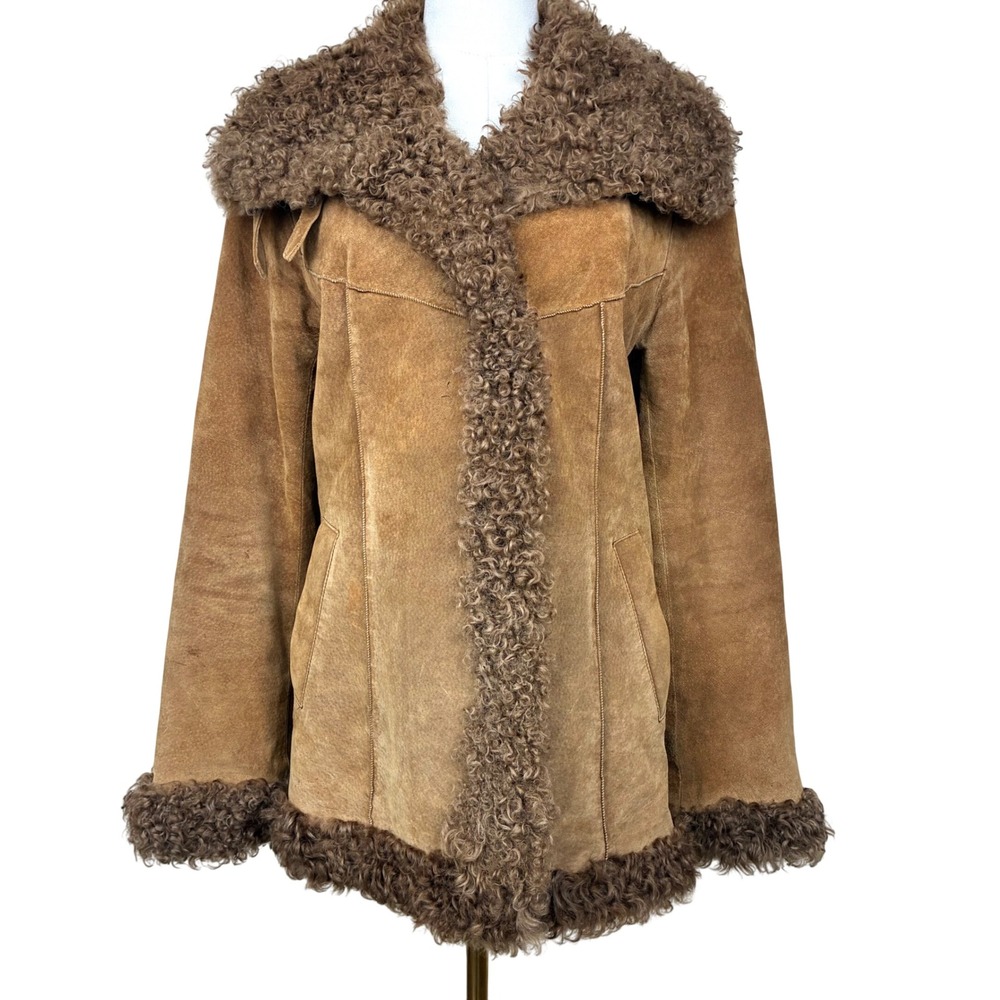 Vintage Womens Coat Sz L Penny Lane Genuine Leather Suede Fur Afghan Brown Boho - Picture 14 of 14